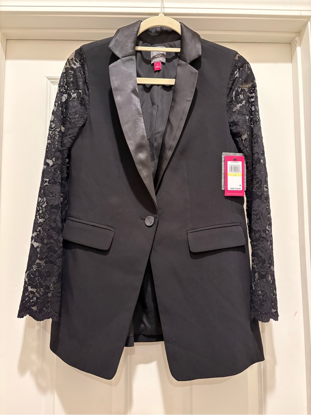 NWT Vince Camuto Black Satin-Lapel Blazer with Lace Sleeves, S 4
